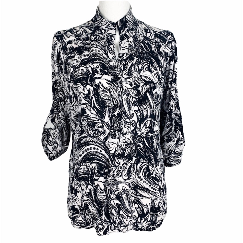Cals Blouse Women Large Black All Over Print Henley Roll Tab Sleeve Casual Top